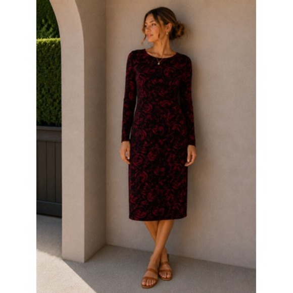 Chico's Dresses & Skirts - Chicos Travelers Dress Womens 4/6 Red Rose Velvet Sheath‎ Midi Party Cocktail 0